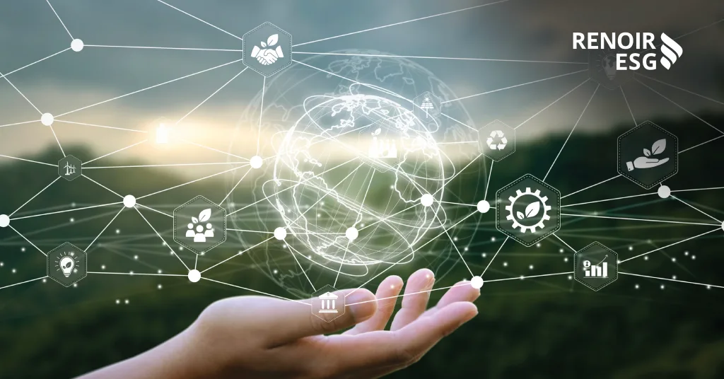 A digital globe or network overlay representing connected, sustainable supply chains.